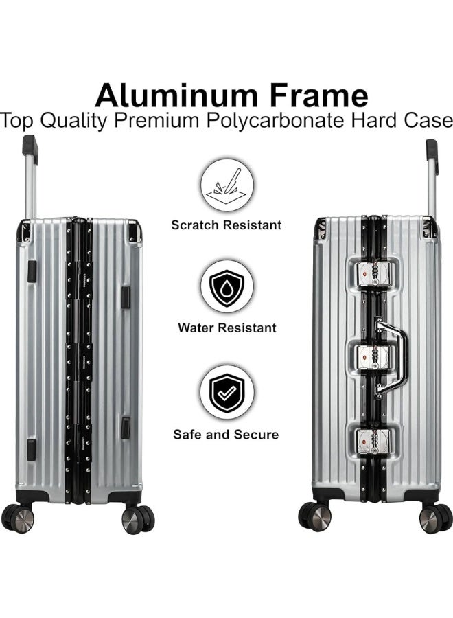 POGAGO Lightweight Aluminum Frame Polycarbonate Hard Case Luggage Set | 3-Piece Trolley Suitcase (20/24/28 Inch) | Silver Checked Luggage with 360° Double Spinner Wheels - Image 3